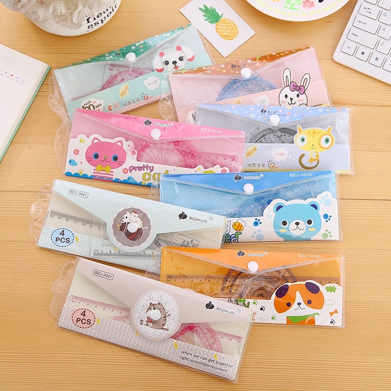 Thước Bộ Học Sinh, Văn Phòng,  Combo 4 Món Có Túi Đựng Họa Tiết Dễ Thương DCHT