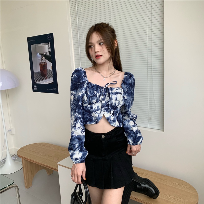 Áo Kiểu Tay Phồng Dài Cổ Vuông Nhuộm Màu Phong Cách Retro Thời Trang Mùa Xuân Cho Nữ