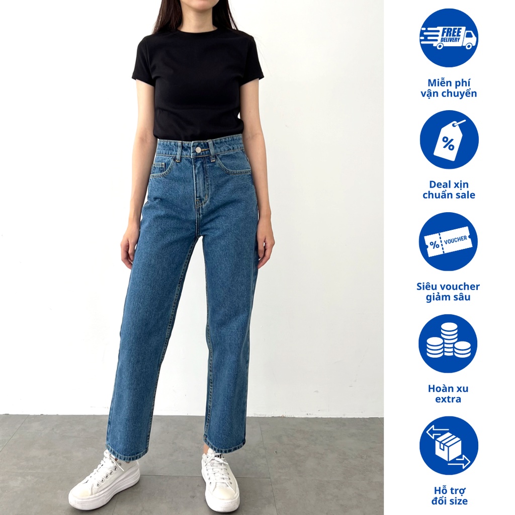 Quần Ống Đứng Jeans Nữ Lưng Cao Form Basic Màu Xanh Đậm Rede - Jeans VNXK B-03,Mom Jeans Nữ Lưng Cao M-02B, M-02E, M-03