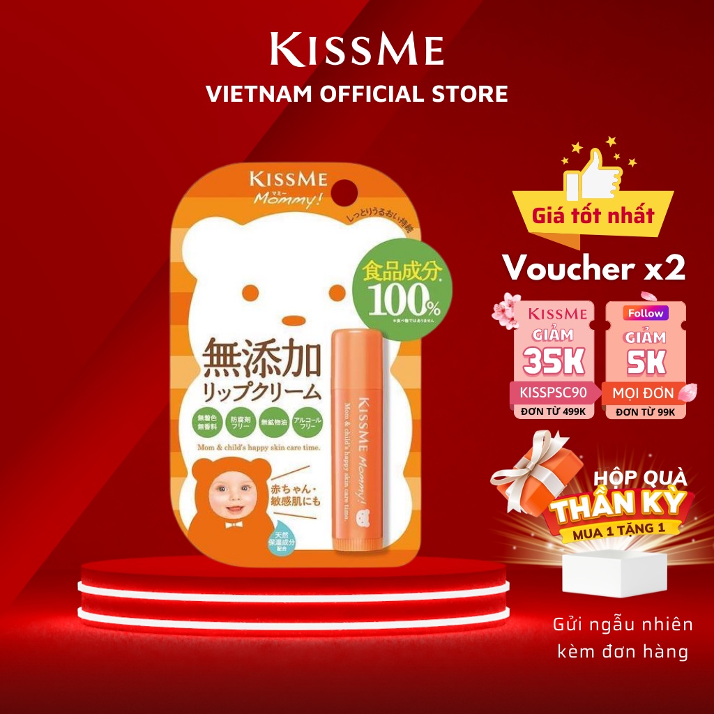 Kem dưỡng môi cấp ẩm Kissme Mommy Lip Cream N dành cho mẹ và bé từ 6 tháng tuổi da nhạy cảm dạng thỏi son 2.5g