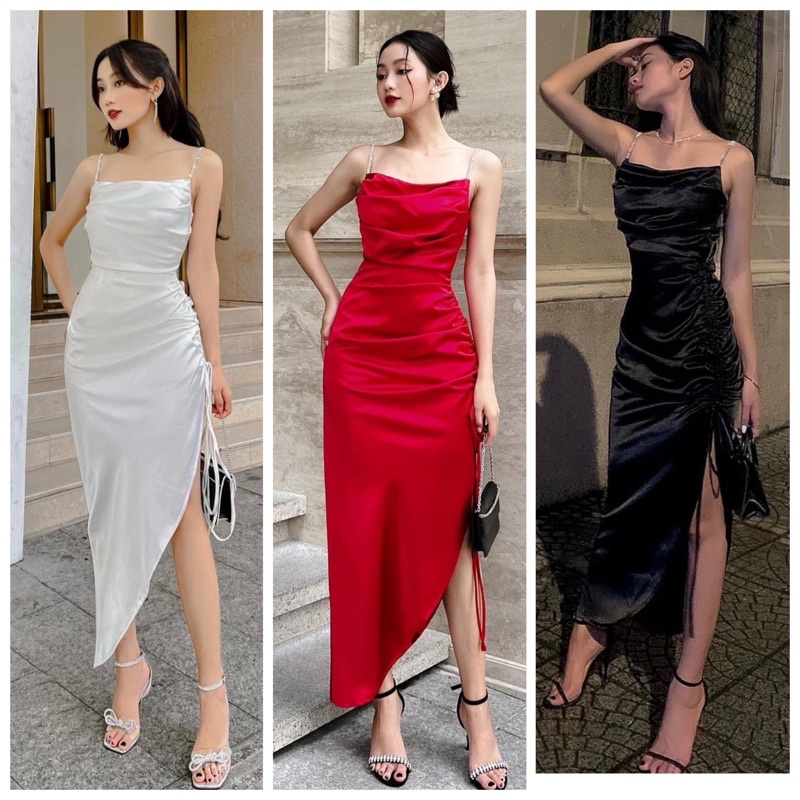 ĐẦM DỰ TIỆC 2 DÂY XẺ TÀ NHÚN RÚT XELIN H DRESS