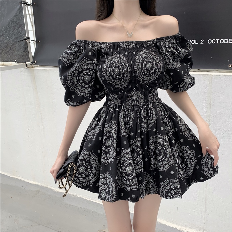 Đầm Công Chúa Dự Tiệc Trễ Vai Tay Phồng In Họa Tiết Kiểu Pháp Cổ Điển Thời Trang Cho Nữ IO2M88