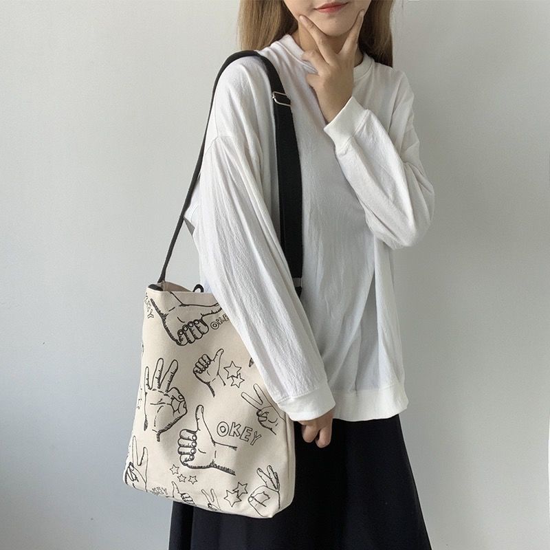Túi Đeo Chéo Vải Canvas Phong Cách Hàn Quốc Dễ Thương Cho Nữ
