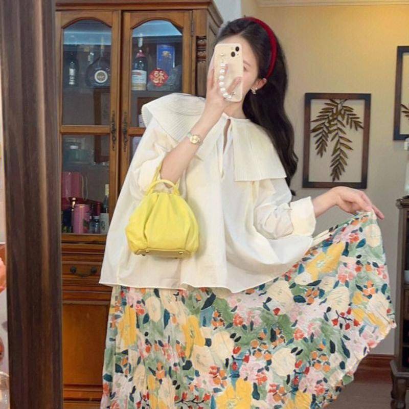 Set Áo Sơ Mi Cổ Bẻ + Chân Váy Hoa Lưng Cao Phong Cách Retro Pháp Mới