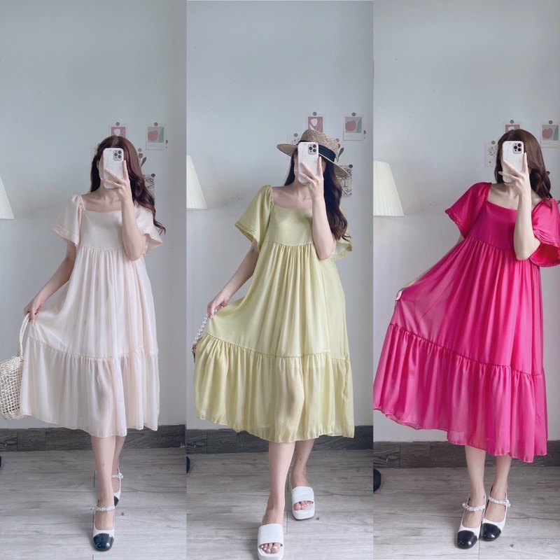 Đầm Babydoll Chất Lụa Tơ Hai Lớp Dáng Suông Xinh