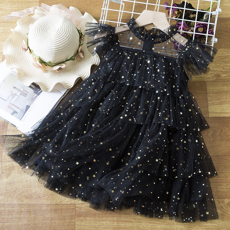 Đầm Dự Tiệc Màu Đen Đính Sequin Hình Ngôi Sao Lấp Lánh Xinh Xắn Cho Bé Gái