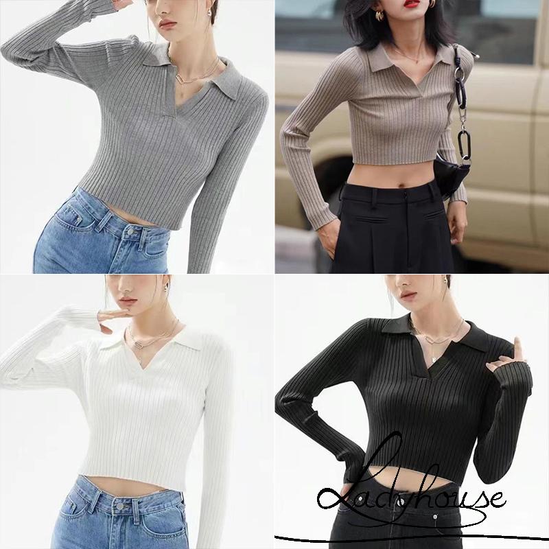 Áo Croptop Dệt Kim Tay Dài Cổ Bẻ Màu Trơn Thời Trang Xuân Thu Dành Cho Nữ