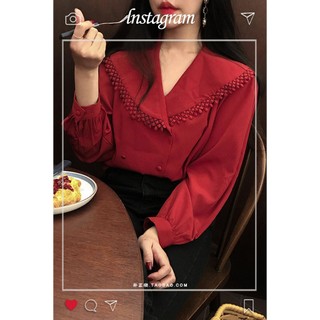 [ORDER] Áo sơ mi đỏ cổ bẻ phối ren