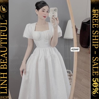 💕𝐅𝐄𝐑𝐑𝐒𝐇𝐈𝐏💕Siêu phẩm váy gấm cúp ngực xoè 2 tầng - Đầm gấm trắng tay phồng , Linh beautiful