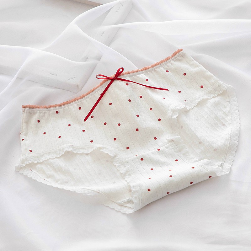 Quần Lót Cotton Tăm Viền Ren Phối Nơ Tông Trắng Đỏ