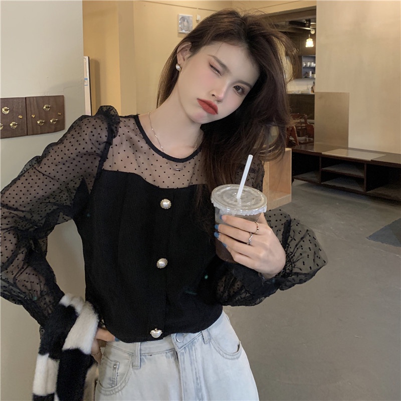 IELGY  Áo Kiểu Tay Phồng Phối Lưới Thời Trang Cho Nữ