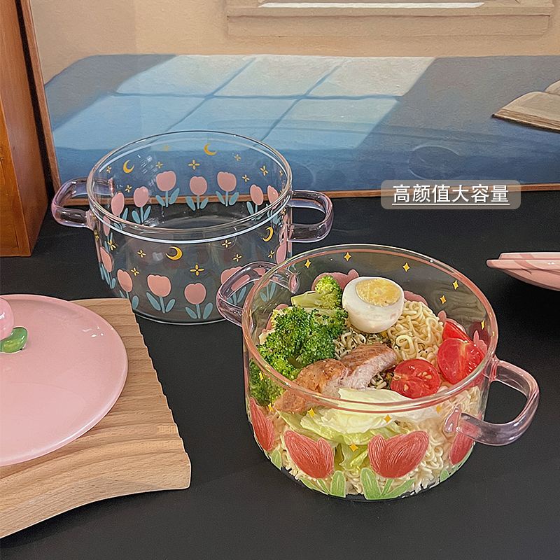 Tô Ăn Mì Ăn Liền Bằng Thủy Tinh Dung Tích Lớn Có Nắp Đậy Hai Tai Dành Cho Học Sinh / Văn Phòng