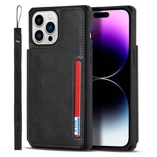 Bao Da Điện Thoại Nắp Lật Kèm Ngăn Đựng Thẻ Và Dây Đeo Cho iPhone 12 13 Mini 14 11 Pro Max