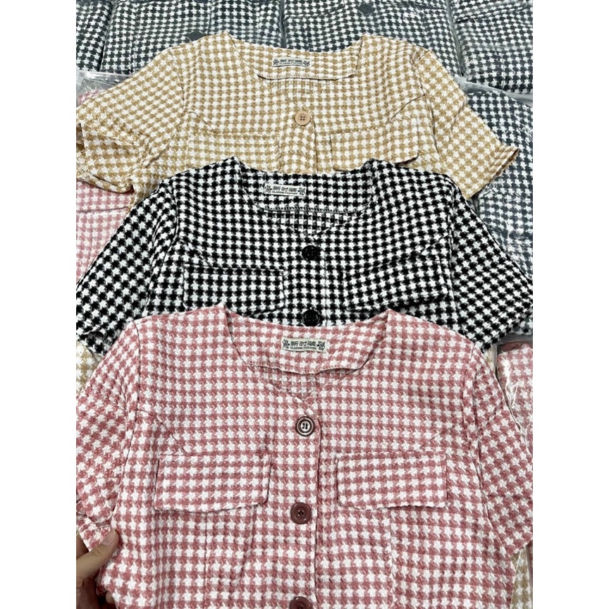 sét bộ váy dạ dập ly phối áo kiểu đính nút ngắn tay hot