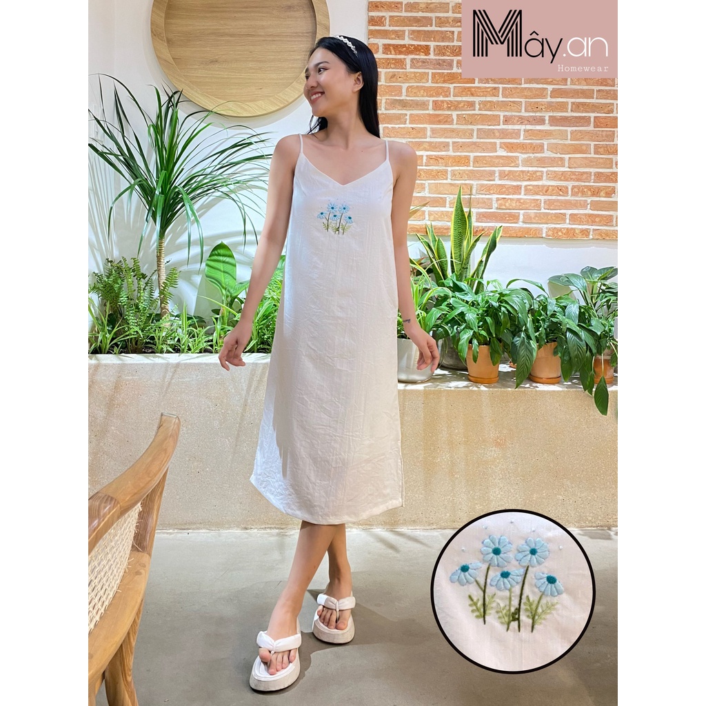 Đồ mặc nhà Mây Đầm 2 dây họa tiết thêu tay linen