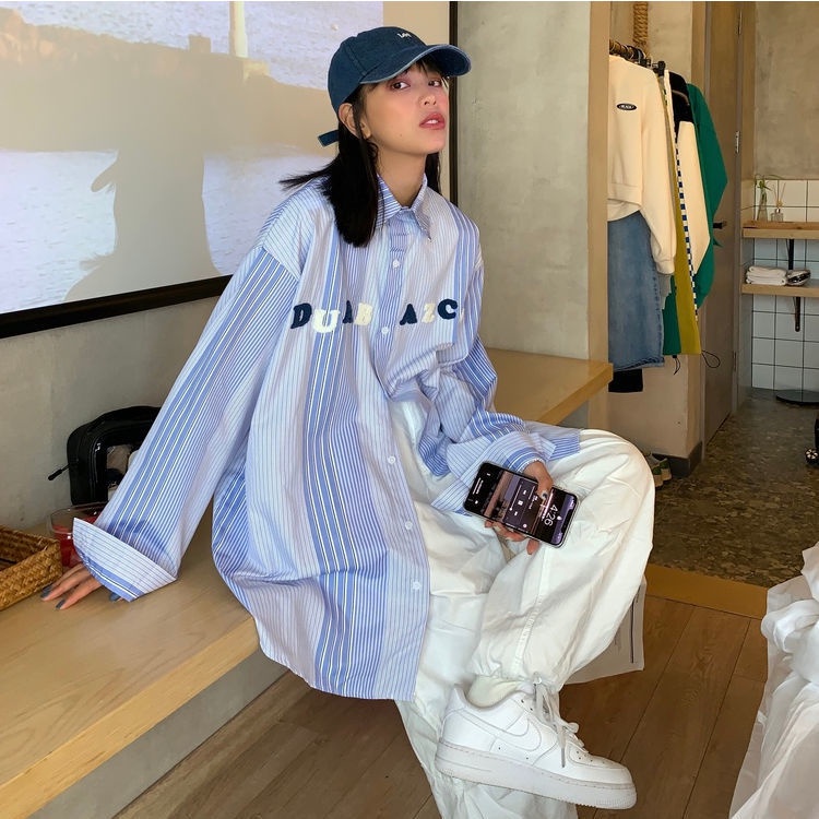 Áo Sơ Mi Dài Tay Dáng Rộng Họa Tiết Kẻ Sọc Dọc Thời Trang Xuân Thu 2023 Mới Cho Nữ