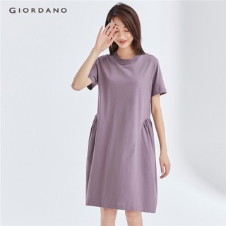 Đầm GIORDANO 05463461 tay ngắn màu trơn xếp ly thời trang cao cấp