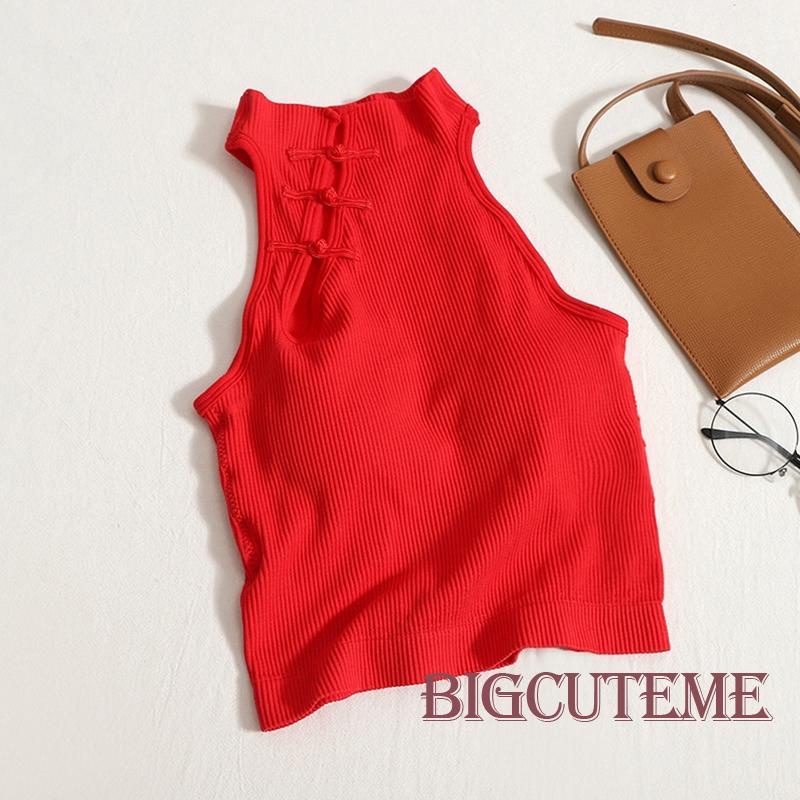 Áo Croptop Không Tay Có Mút Đệm Phối Nút Phong Cách Trung Hoa Thời Trang Mùa Hè Dành Cho Nữ