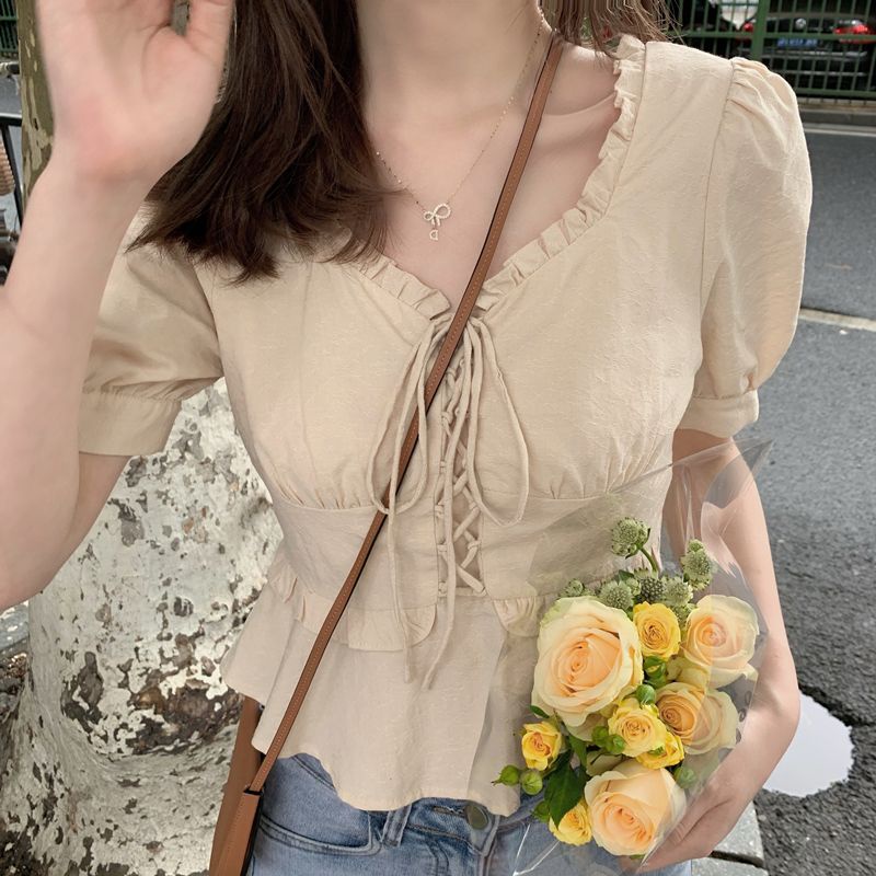 Plus Áo Kiểu Tay Ngắn Rút Dây Phong Cách Vintage Pháp Cho Nữ