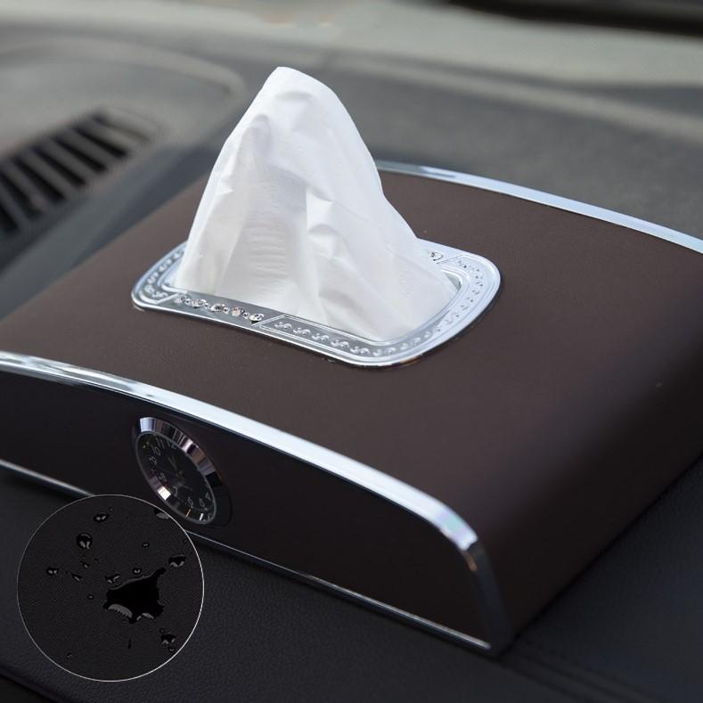 Hộp đựng giấy ăn bọc da cao cấp trên ô tô 3 chức năng tích hợp đồng hồ và bảng số điện thoại tiện lợi