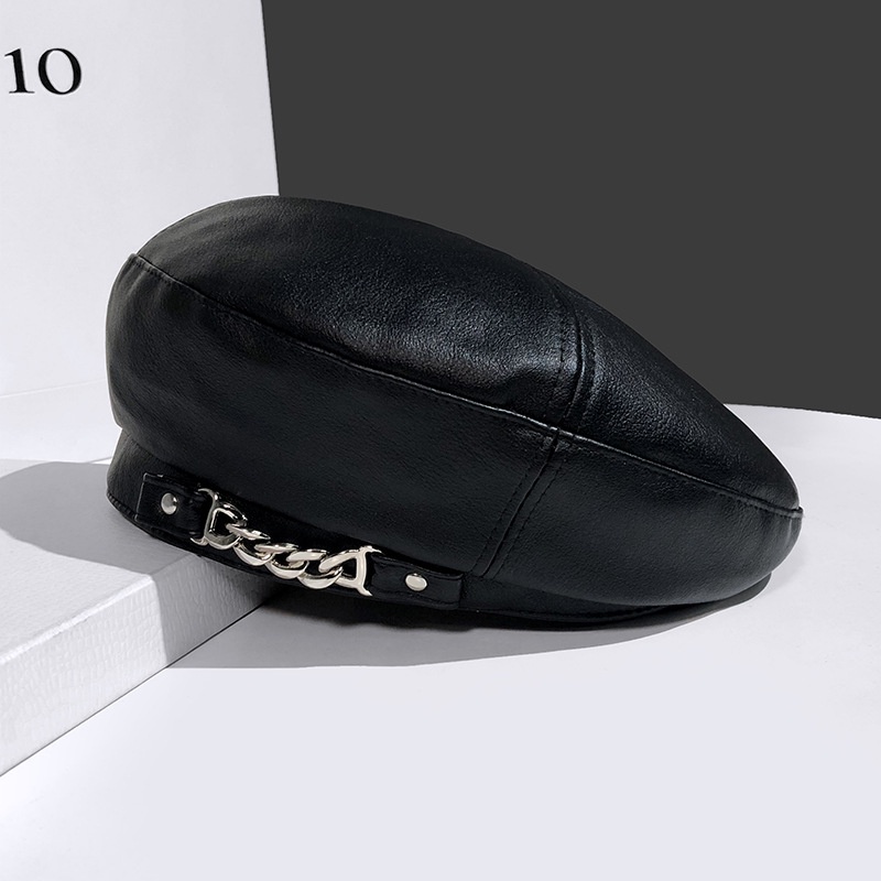 Mũ beret Da pu Cao Cấp Phối Dây Xích Phong Cách Anh Quốc Nhật Hàn Cho Nam Nữ