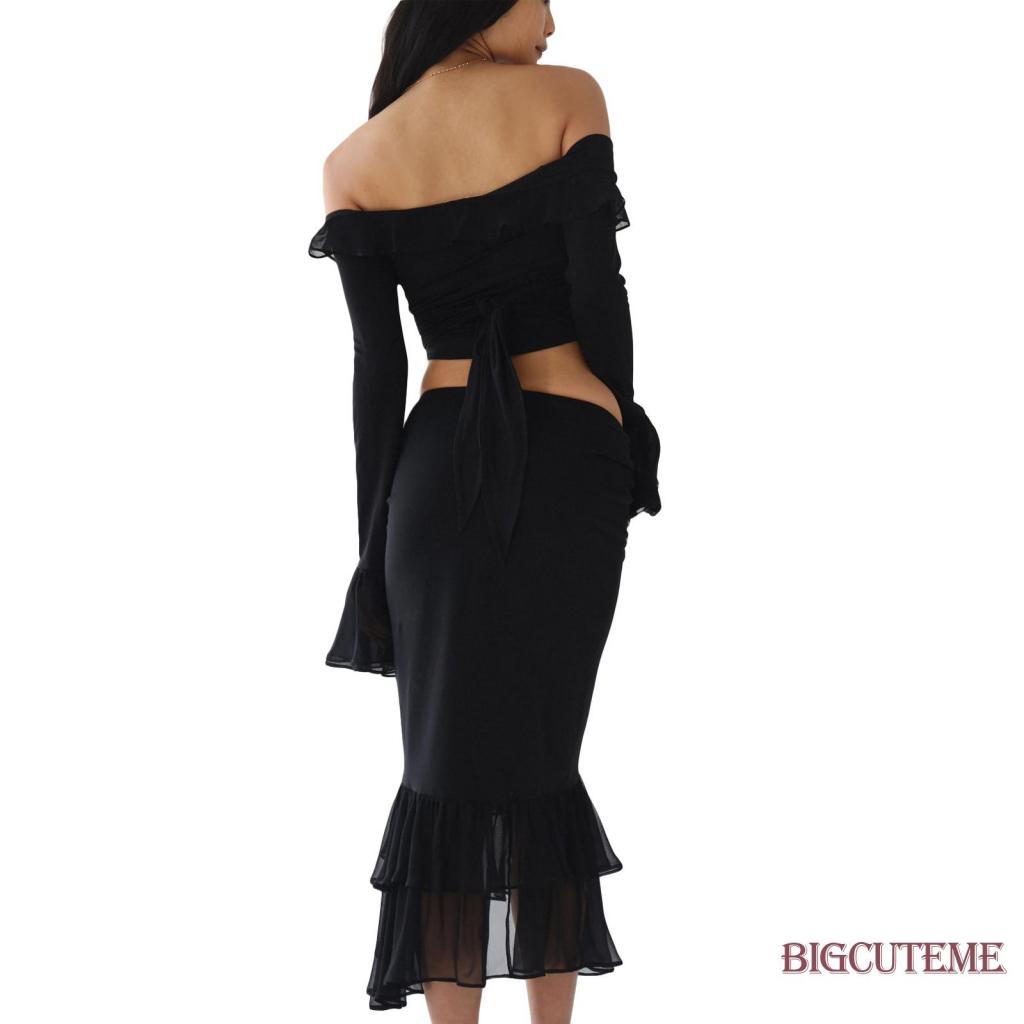 Set Đồ Mùa Hè 2 Món Gồm Áo Tay Dài Cổ V Nhún Bèo Màu Sắc Trơn + Chân Váy Đuôi Cá Eo Thấp Xẻ Tà Cho Nữ