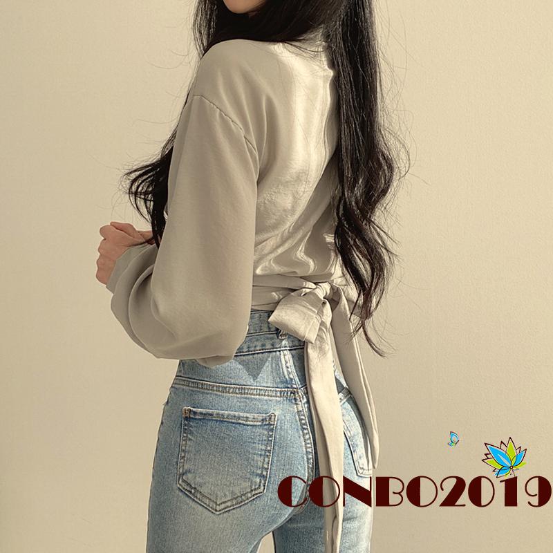 Áo Croptop Tay Dài Cổ Chữ V Màu Sắc Thanh Lịch Cho Nữ