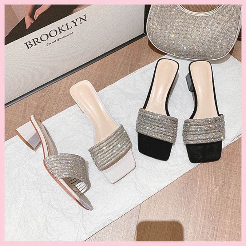 Dép guốc nữ 5phân quai ngang đính đá viền da gót mũi vuông đế cao tôn dáng Jumato