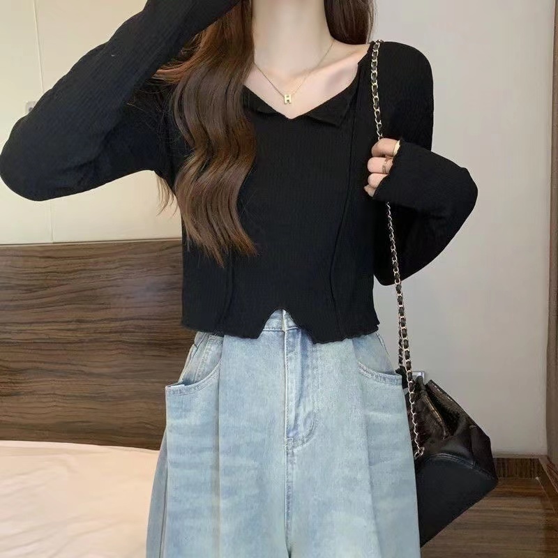 Áo kiểu RENJIANVSHENG dáng ngắn tay dài cổ chữ V màu trơn thời trang đơn giản dành cho nữ