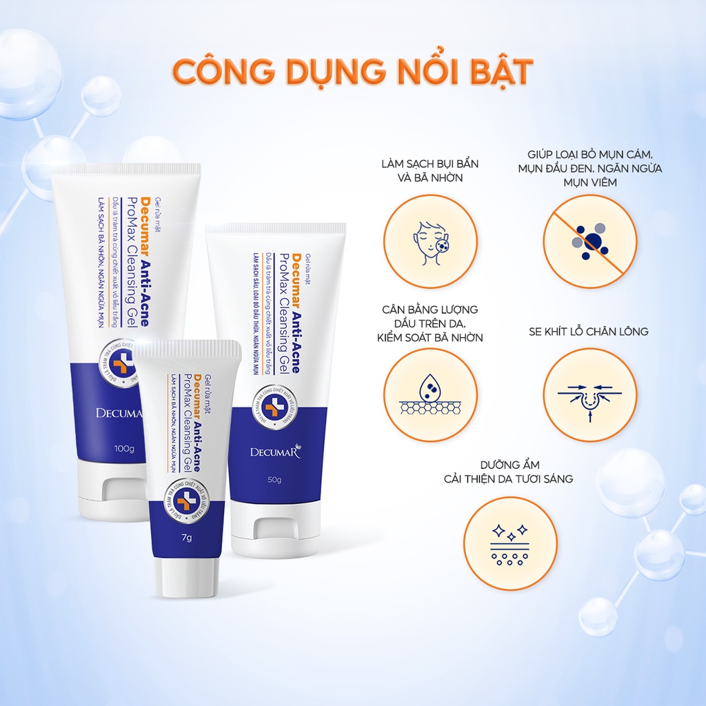 Sữa Rửa Mặt Dạng Gel Ngừa Mụn Decumar Anti-Acne ProMax Cleansing Gel 7g + 50g + 100g