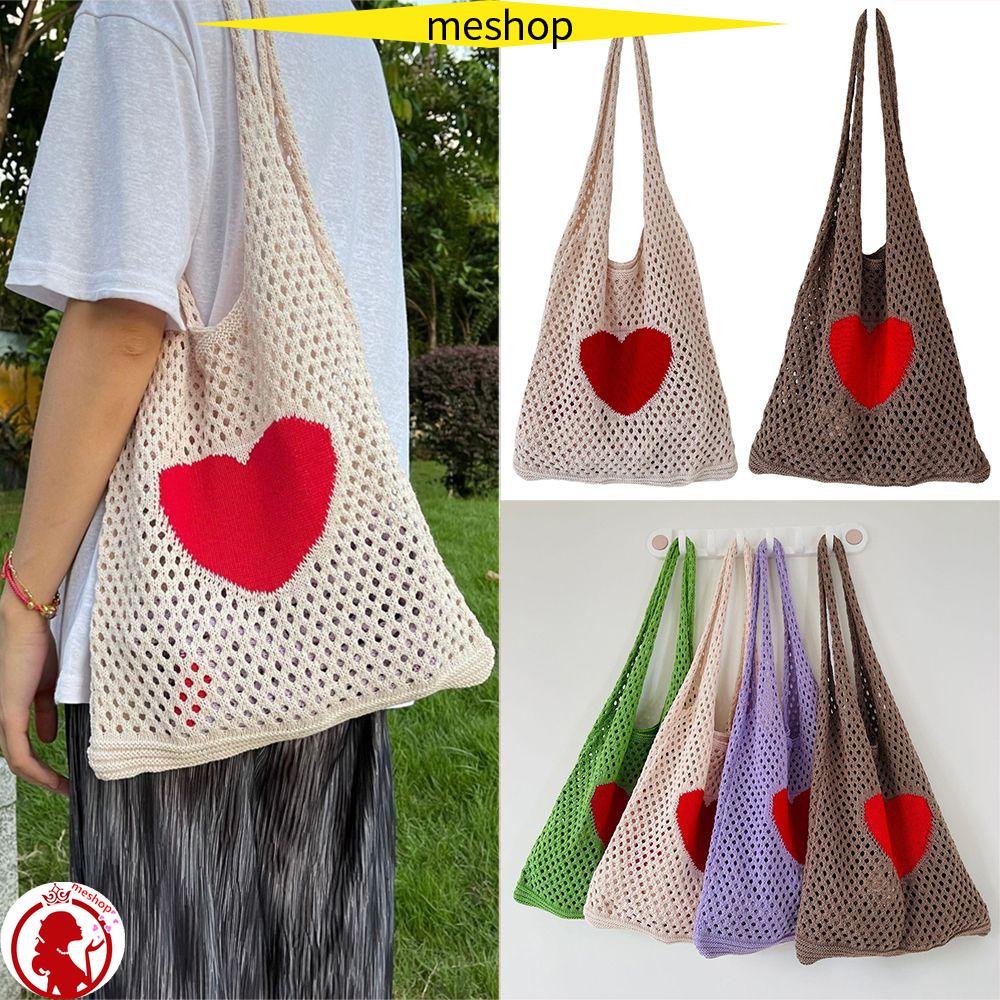 Túi Tote Đan Len Họa Tiết Trái Tim Phong Cách Boho Cho Nữ