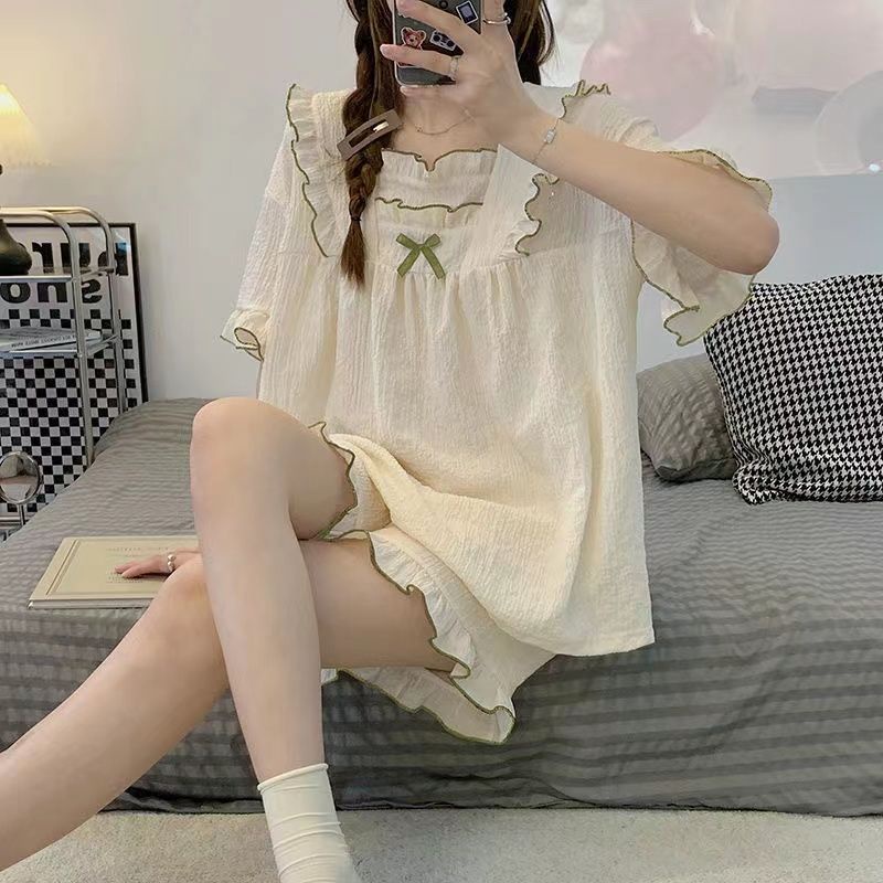 Bộ Đồ Ngủ Tay Ngắn Chất Cotton Mỏng Nhẹ Đính Nơ Thời Trang Mùa Hè Xinh Xắn Cho Nữ