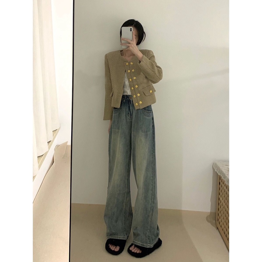 Quần Jeans Nữ Dài Lưng Cao Ống Rộng Thời Trang Hàn