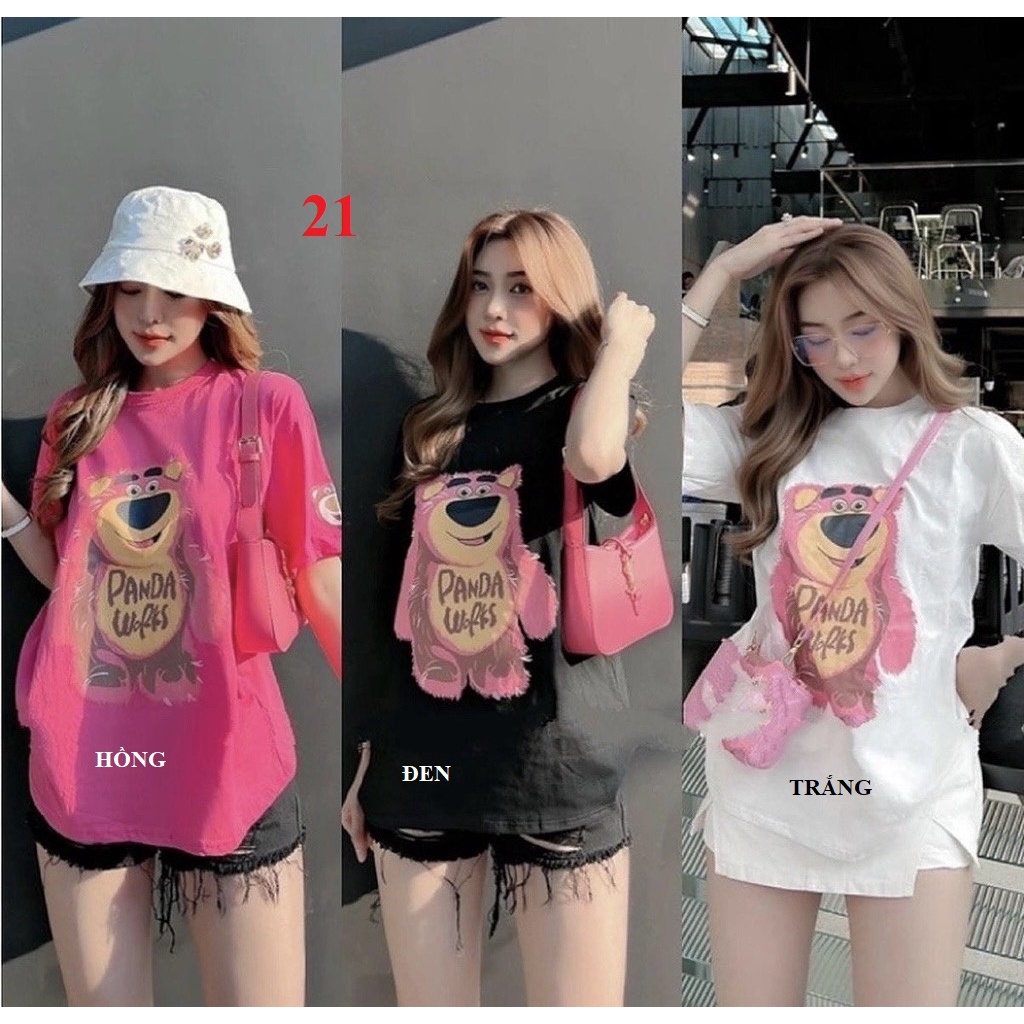 Áo thun cotton form rộng hình hoạt hình gấu dâu chibi
