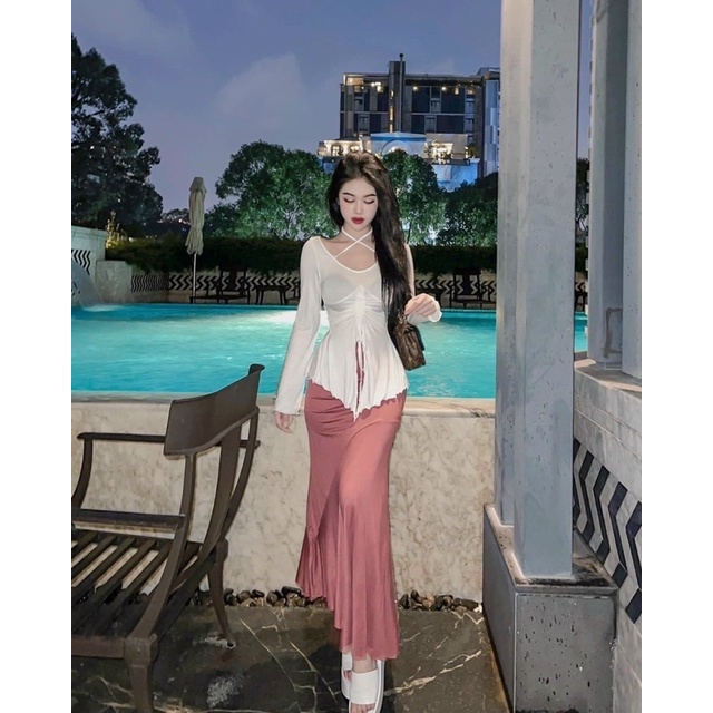 Áo thun đuôi cá rút dây body nữ rút eo kiểu tay loe dây chéo cổ chất thun gân