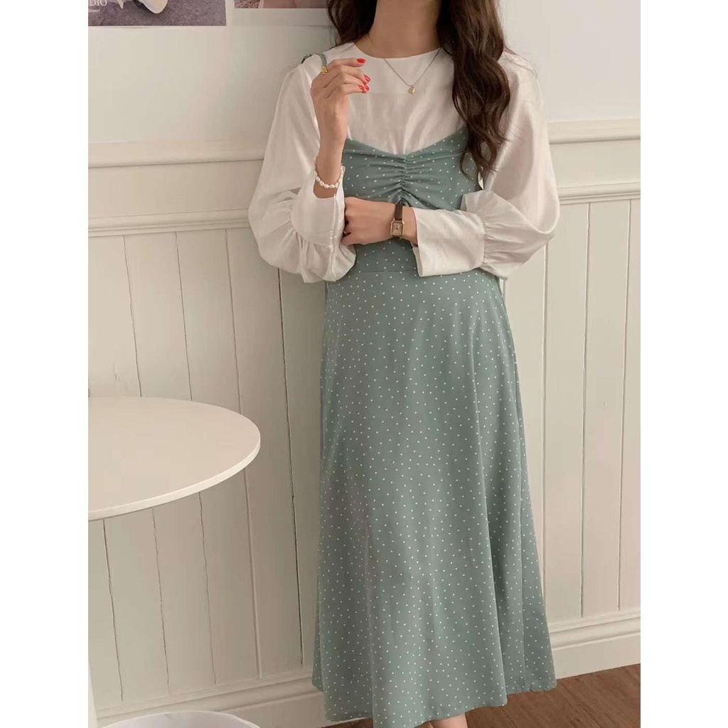 Đầm 2 dây họa tiết chấm bi phối nhún freesize - Lyn's Closet