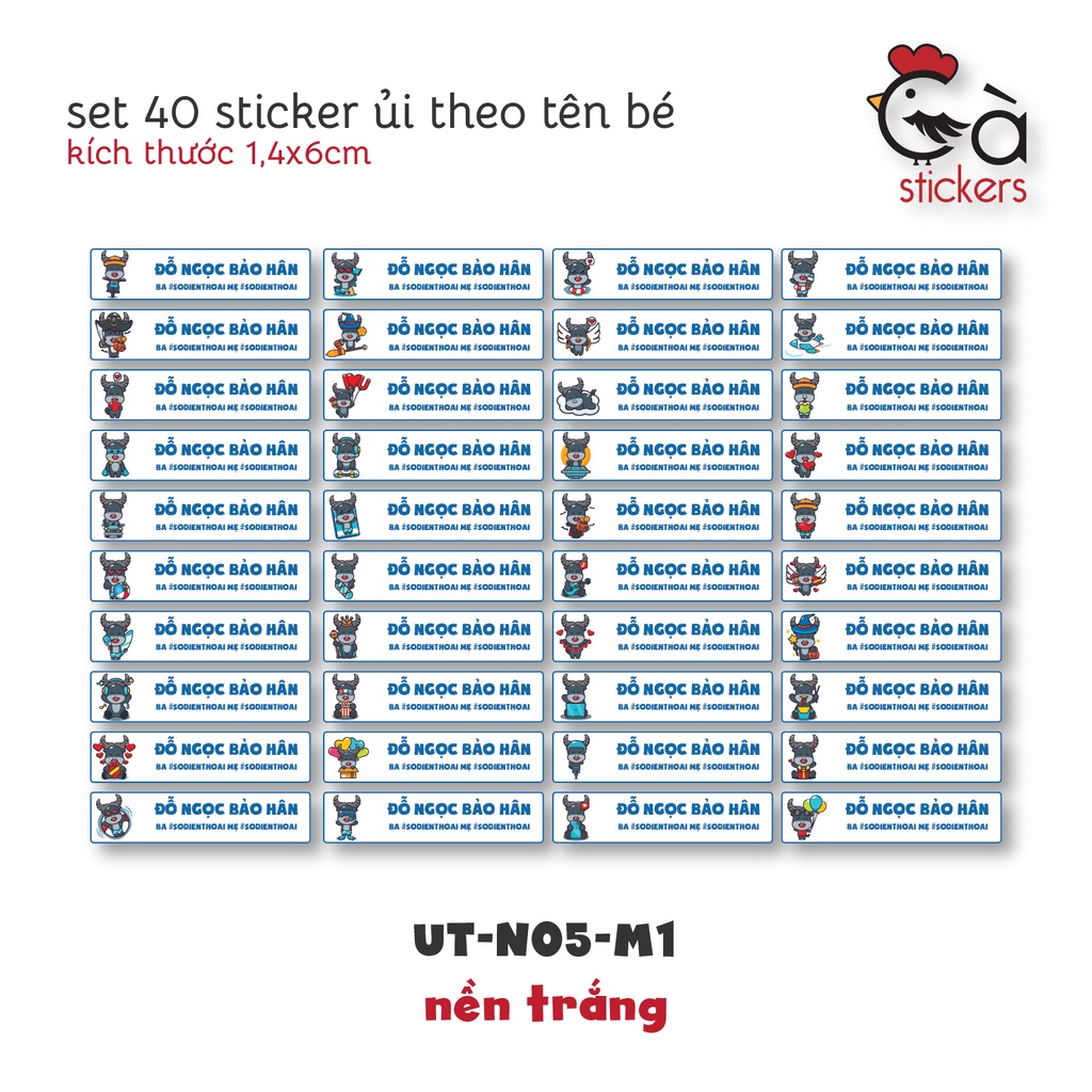 Sticker ủi áo in tên trẻ em GaStickers UT-N05- bộ 40 miếng kích thước 1,4 x 6 cm