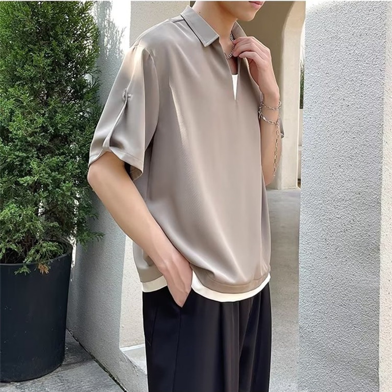Áo Thun polo Giả Hai Mảnh Dáng Rộng Tay Ngắn Màu Trơn Vải Lụa Lạnh Cao Cấp Phong Cách Hàn Quốc Thời Trang Mùa Hè Hàng Mới 2022 Dành Cho Bạn Nam