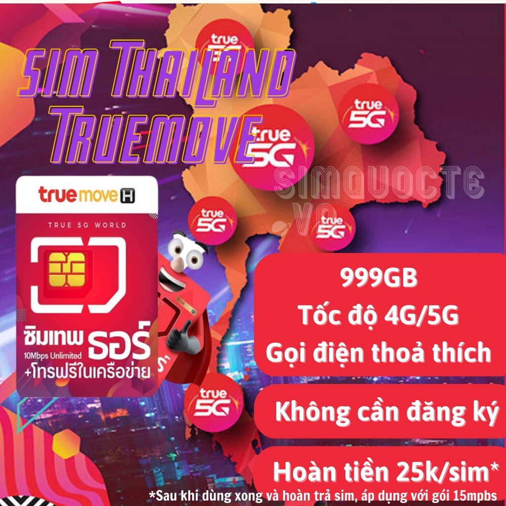 Sim du lịch Thái Lan 999GB internet tốc độ 4G 5G nghe gọi miễn phí