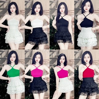 Set áo croptop phối chân váy tầng ren