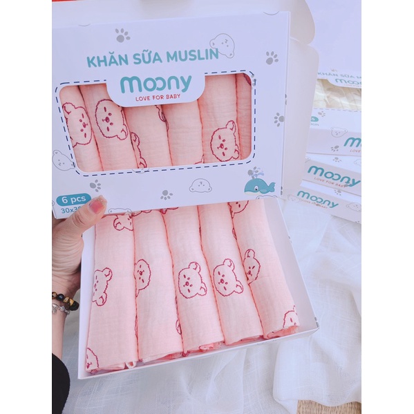[ Moony ] Hộp khăn sữa 6c vải muslin 25cm x 25cm