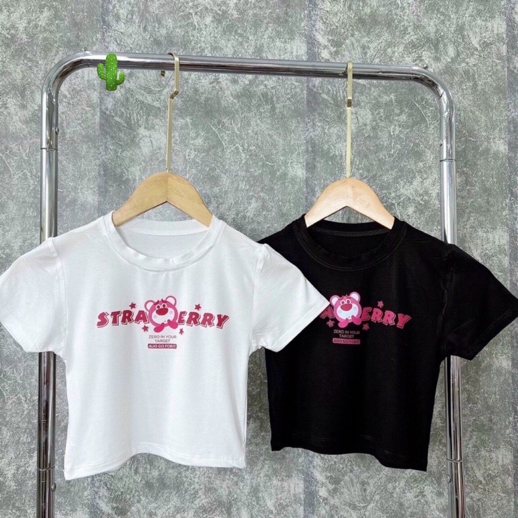 Áo kiểu croptop in chữ hồng và gấu nhỏ cực xinh , chất thun bozip mềm mịn