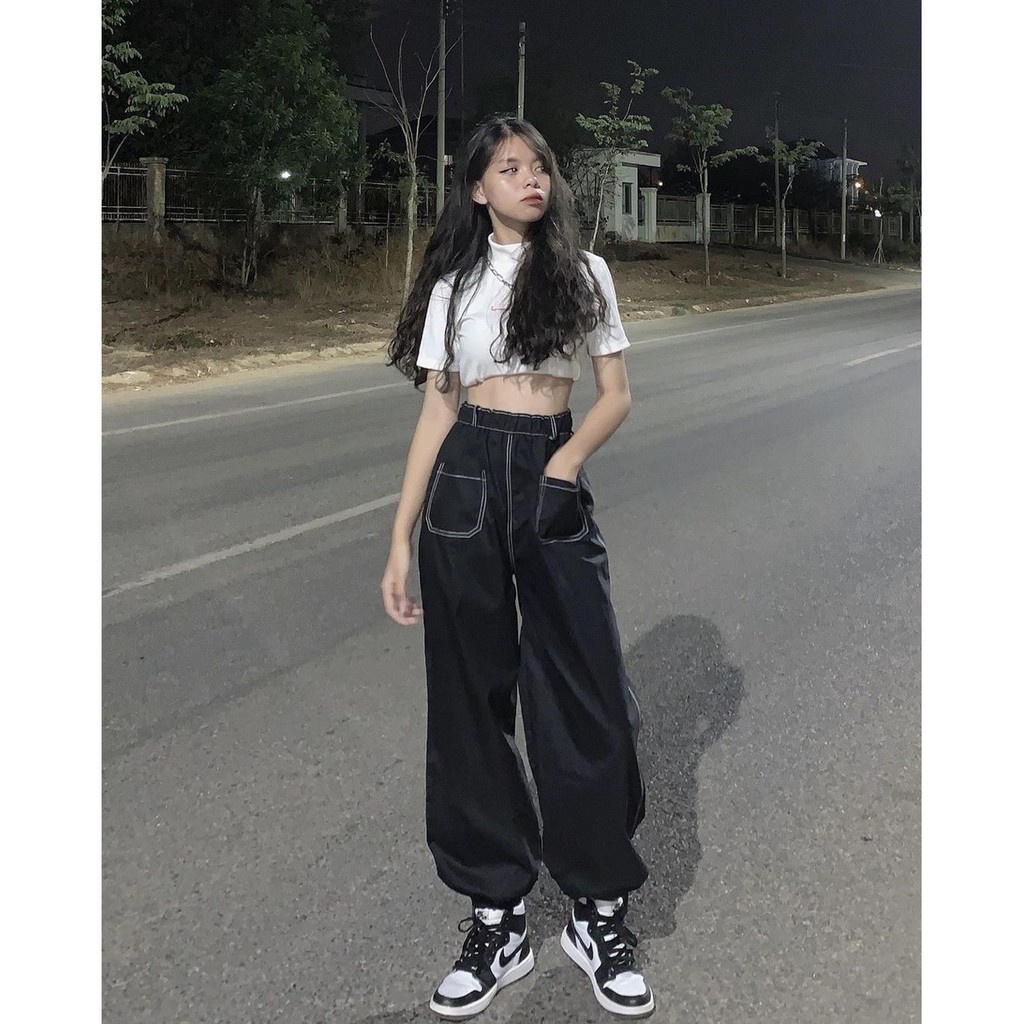 Quần jogger giả jean chỉ nổi Q045 Quần dài from rộng cạp chun bản to túi hộp 2 bên phong cách cá tính