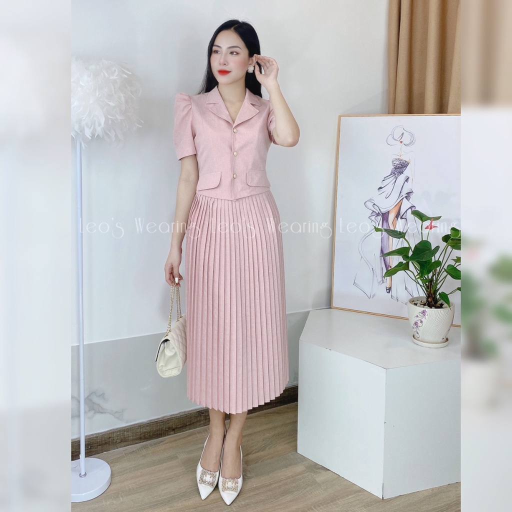 Set áo croptop cổ vest mix chân váy xếp ly dáng dài LEOSWEARING A135