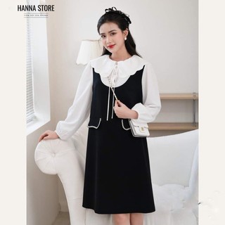 Váy suông yếm cổ sơ mi trắng, cổ viền lượn sóng nơ cách điệu, bầu bí mặc được