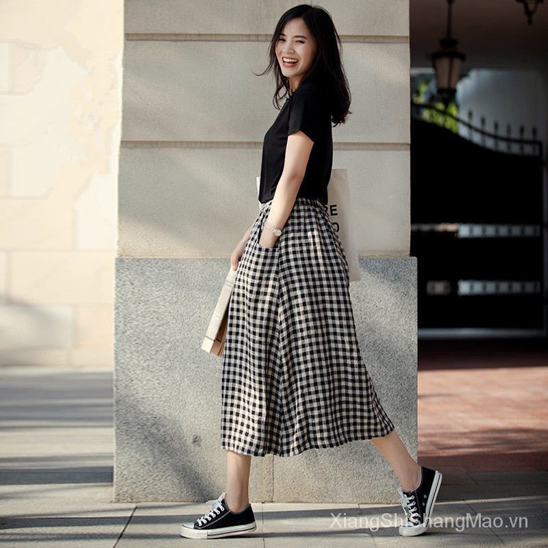 Chân Váy Cotton Lanh Lưng Thun Dáng Dài Họa Tiết Kẻ Sọc Thời Trang Xuân Hè Kiểu Mới 2023 QHDK