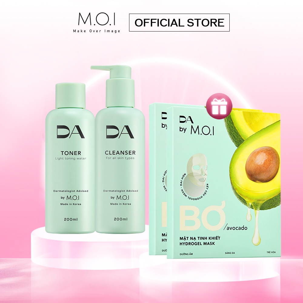 [2 Tặng 2 Fullsize] Combo Sữa rửa mặt và Nước cân bằng cấp ẩm và làm dịu da DA by MOI 200mL Tặng 2 Hộp Mặt nạ Bơ DA by M