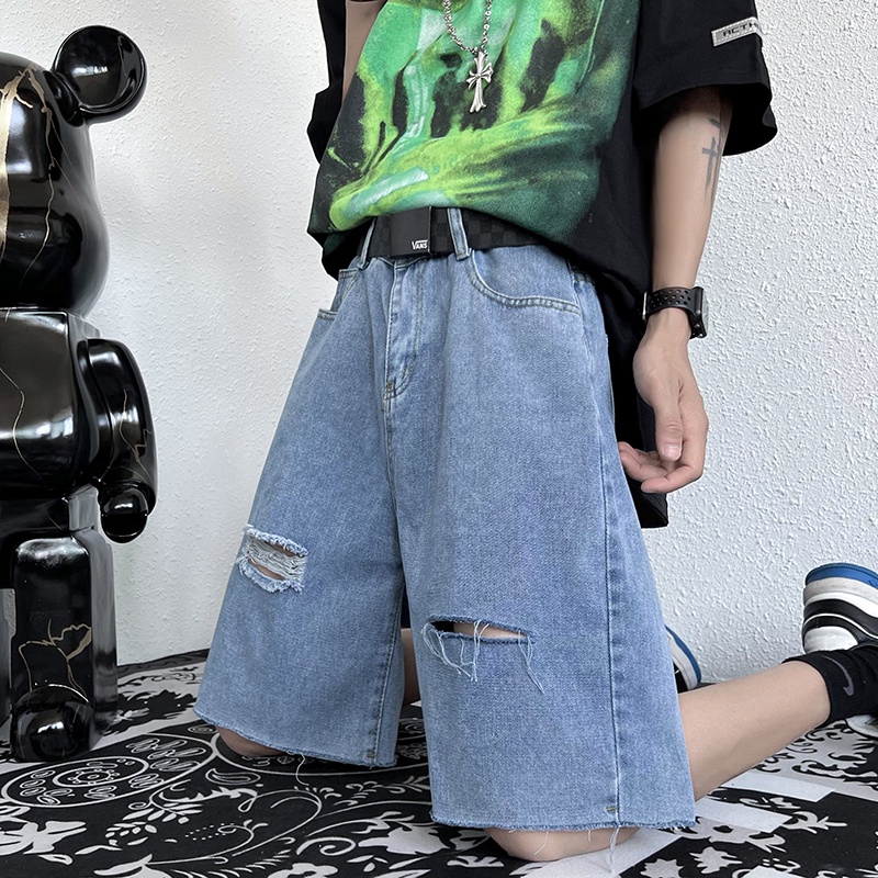 Quần short bò nam ống rộng, quần jean lửng rách đùi không gấu phong cách thời trang Unisex Hàn Quốc