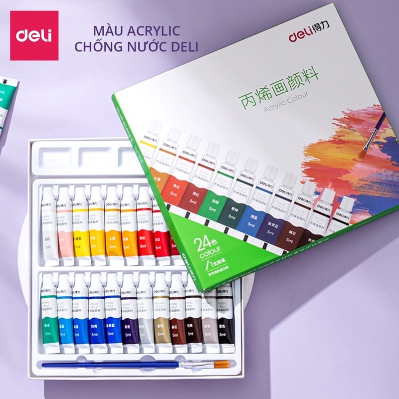 Màu nước Acrylic Deli tuýp 5ml 12/18/24 màu kèm cọ và khay