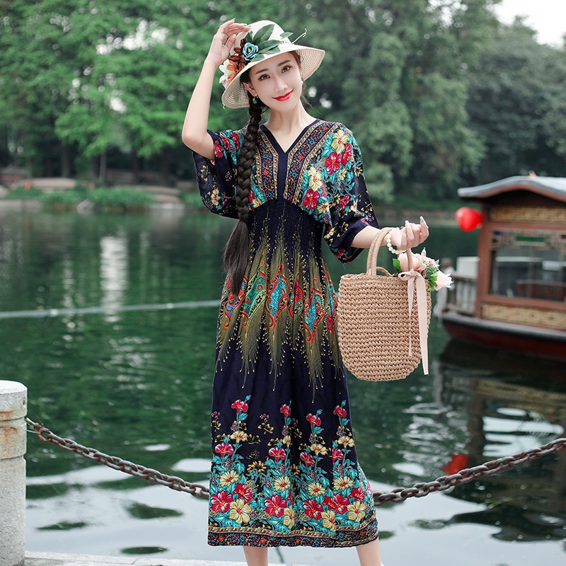Đầm maxi in hoa MULVAN họa tiết dân tộc cho nữ từ 18 đến 24 tuổi